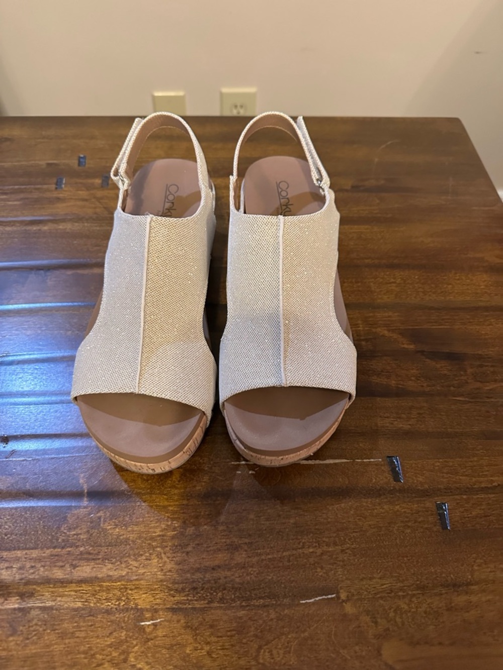 Corkys Cream Textured Open-Toe Slingback Wedge Sandals
